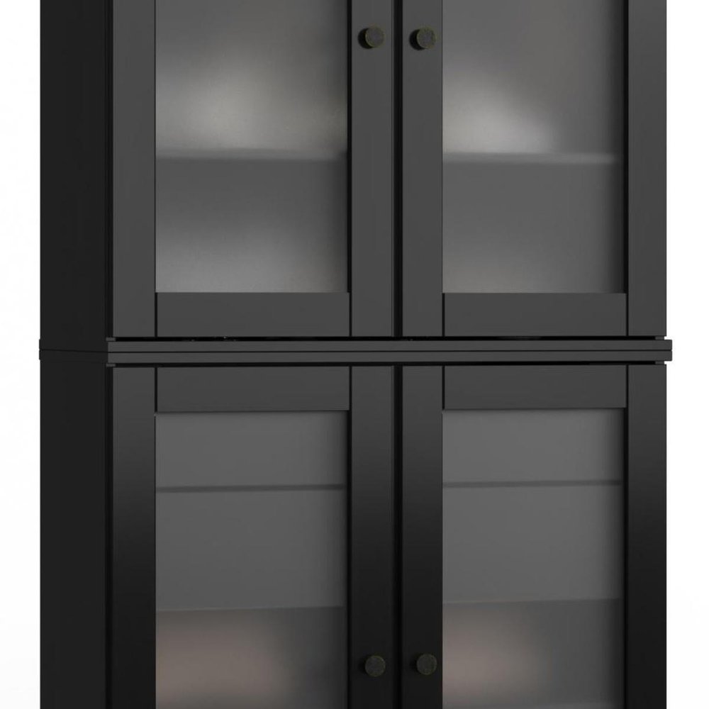 32" Black Solid Wood Glass Panel Inlay Double Door Linen Cabinet — view 3
