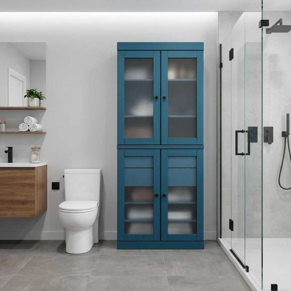32" Teal Blue Solid Wood Glass Panel Inlay Double Door Linen Cabinet — view 5