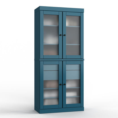 32" Teal Blue Solid Wood Glass Panel Inlay Double Door Linen Cabinet HomeRoots