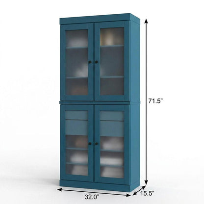 32" Teal Blue Solid Wood Glass Panel Inlay Double Door Linen Cabinet HomeRoots
