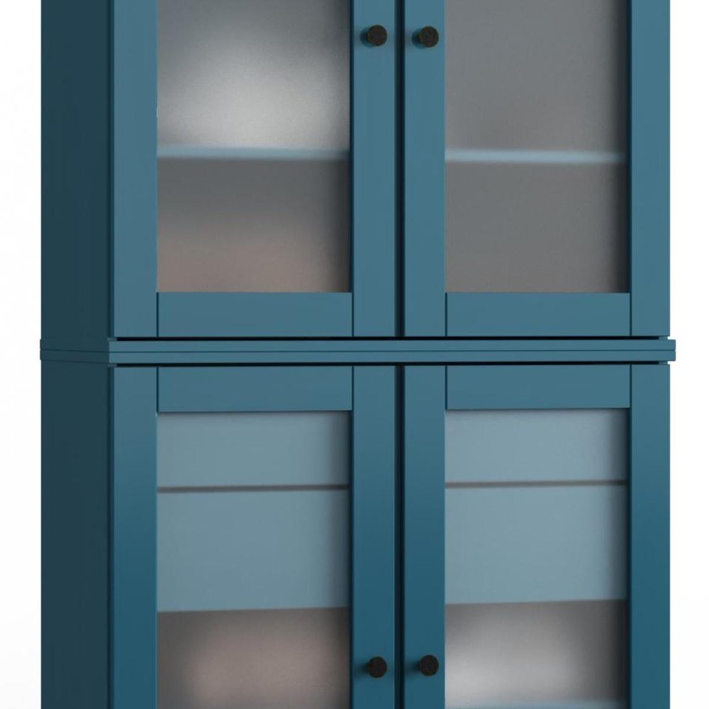 32" Teal Blue Solid Wood Glass Panel Inlay Double Door Linen Cabinet HomeRoots