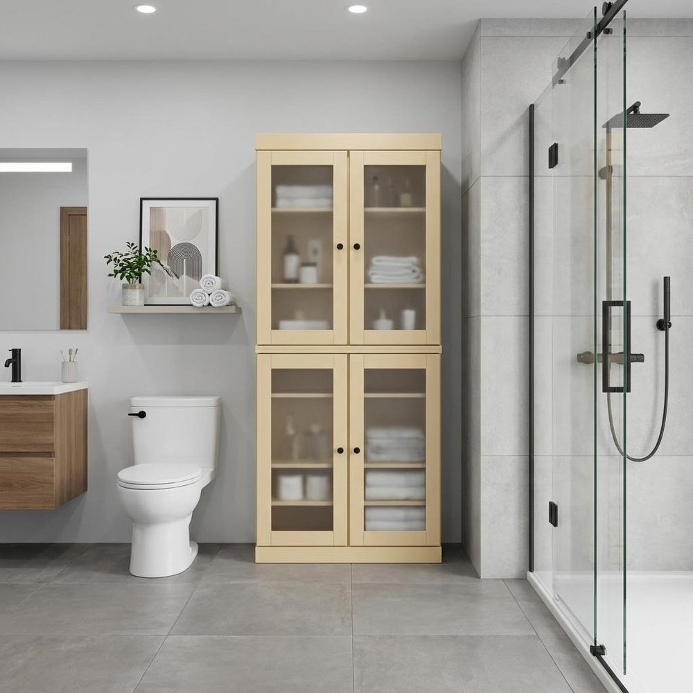 32" Yellow Solid Wood Glass Panel Inlay Double Door Linen Cabinet — view 6