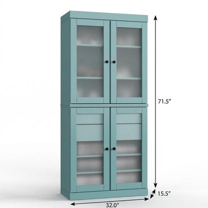 32" Aqua Solid Wood Glass Panel Inlay Double Door Linen Cabinet HomeRoots