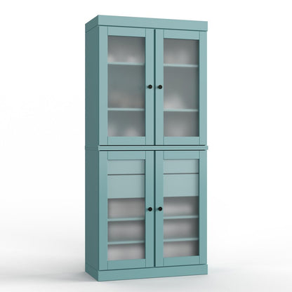 32" Aqua Solid Wood Glass Panel Inlay Double Door Linen Cabinet