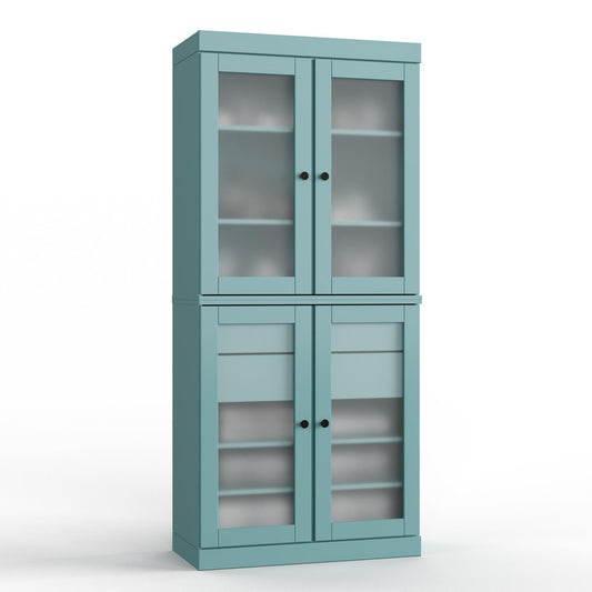 32" Aqua Solid Wood Glass Panel Inlay Double Door Linen Cabinet
