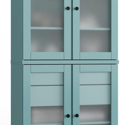 32" Aqua Solid Wood Glass Panel Inlay Double Door Linen Cabinet HomeRoots