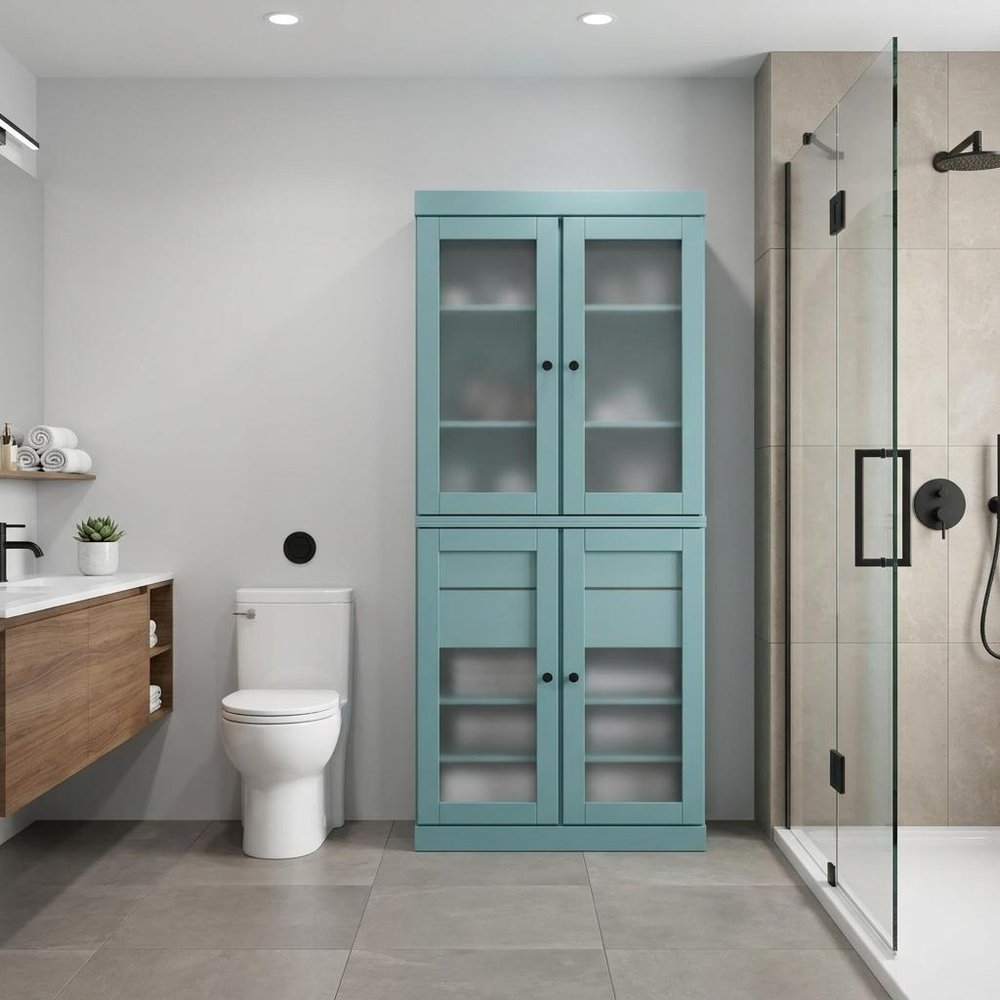 32" Aqua Solid Wood Glass Panel Inlay Double Door Linen Cabinet — view 4