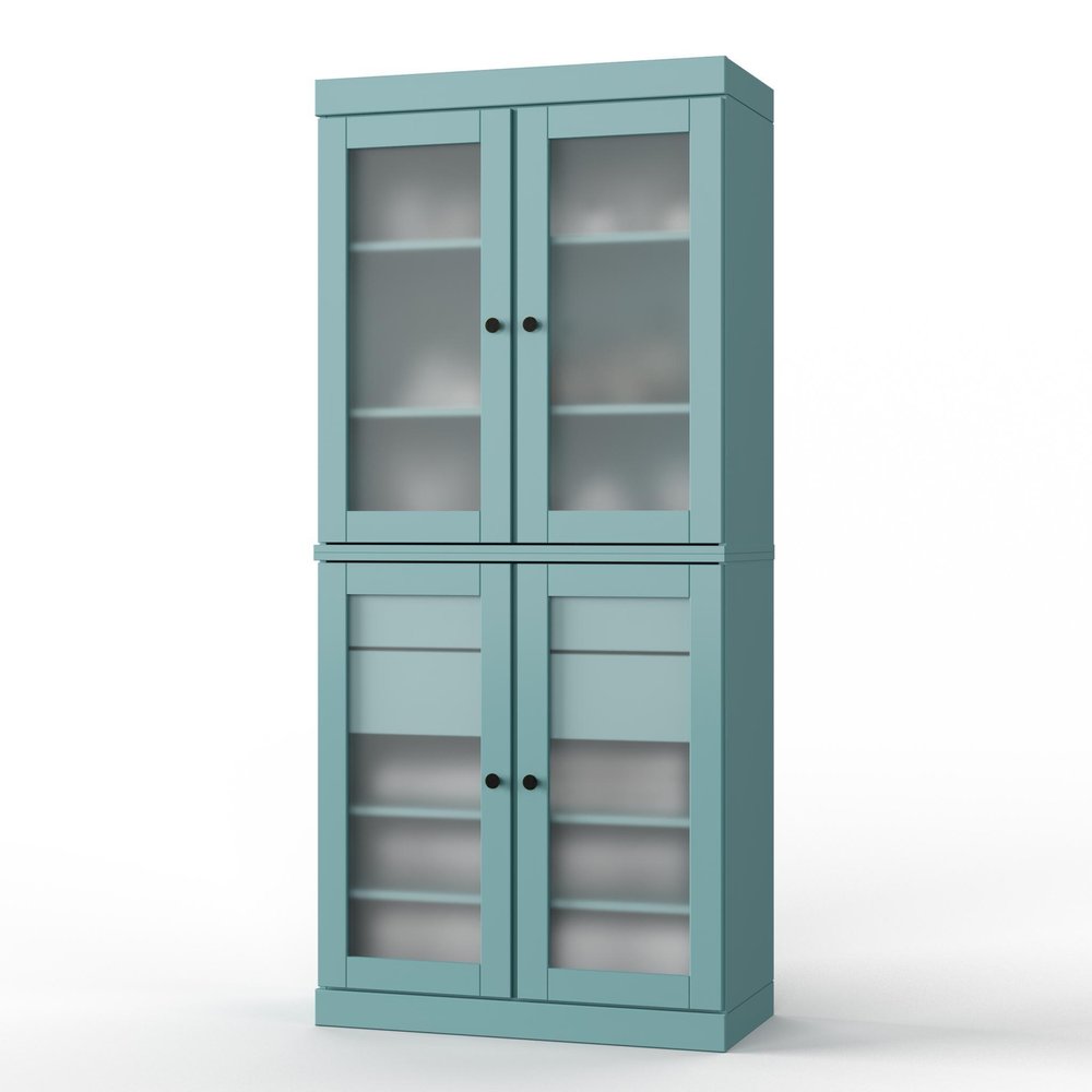 32" Aqua Solid Wood Glass Panel Inlay Double Door Linen Cabinet HomeRoots