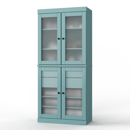 32" Aqua Solid Wood Glass Panel Inlay Double Door Linen Cabinet
