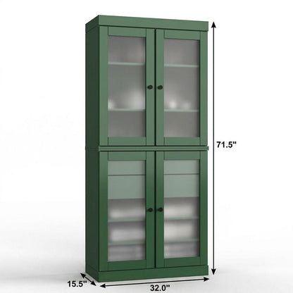32" Green Solid Wood Glass Panel Inlay Double Door Linen Cabinet HomeRoots