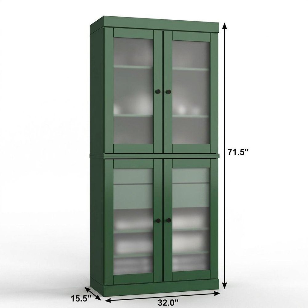 32" Green Solid Wood Glass Panel Inlay Double Door Linen Cabinet — view 1