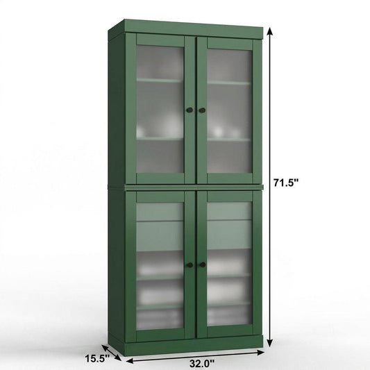 32" Green Solid Wood Glass Panel Inlay Double Door Linen Cabinet