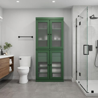 32" Green Solid Wood Glass Panel Inlay Double Door Linen Cabinet HomeRoots