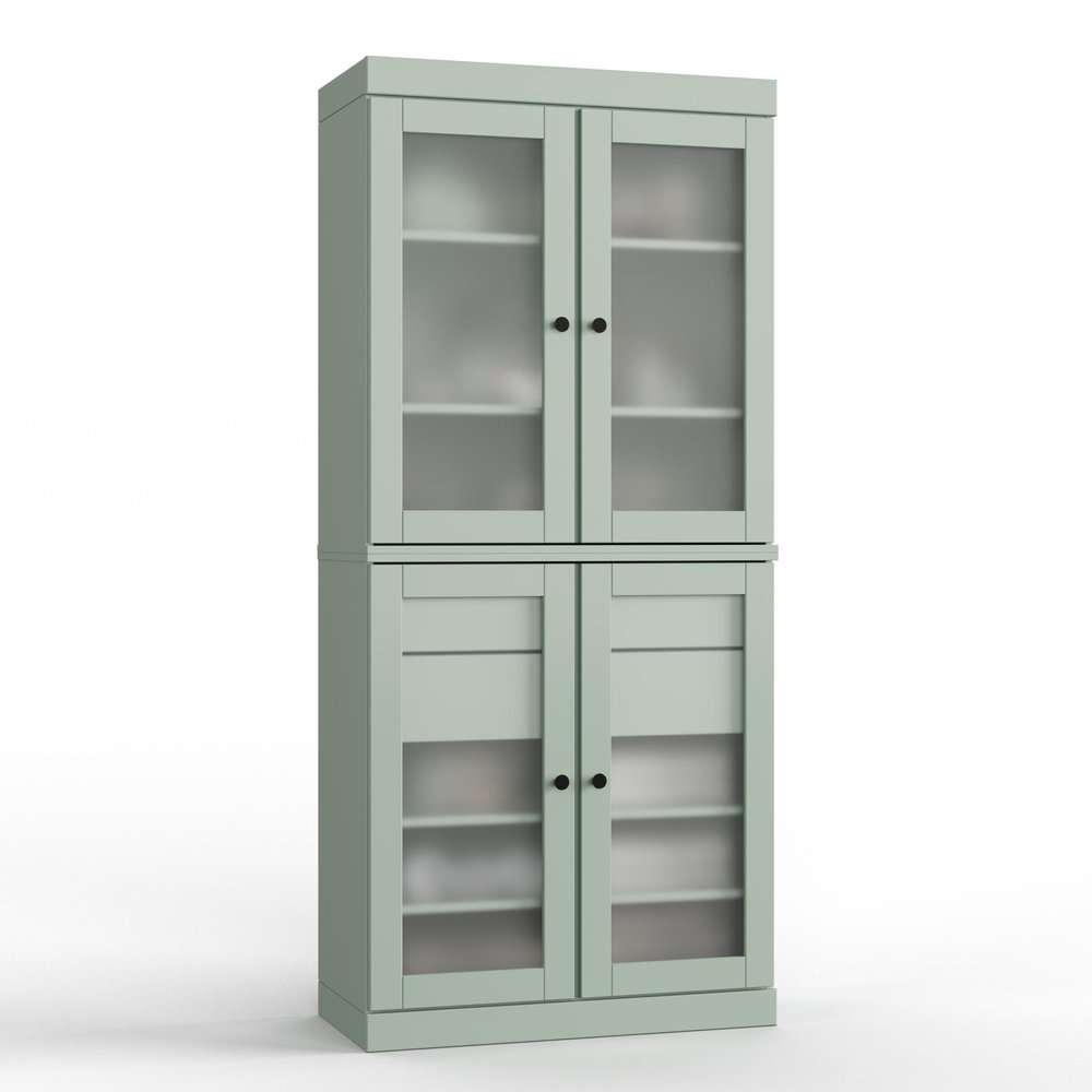 32" Sage Solid Wood Glass Panel Inlay Double Door Linen Cabinet HomeRoots