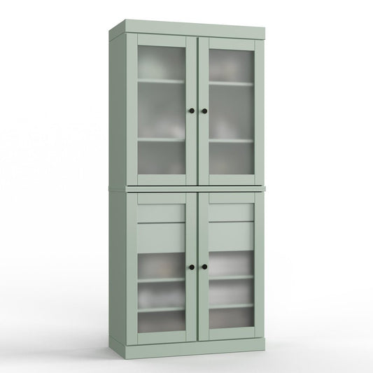 32" Sage Solid Wood Glass Panel Inlay Double Door Linen Cabinet