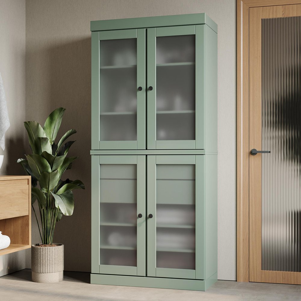 32" Sage Solid Wood Glass Panel Inlay Double Door Linen Cabinet HomeRoots