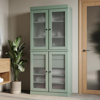 32" Sage Solid Wood Glass Panel Inlay Double Door Linen Cabinet HomeRoots