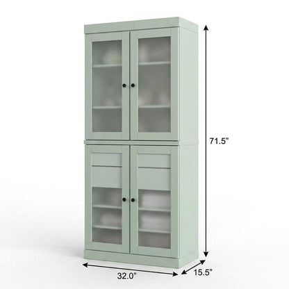 32" Sage Solid Wood Glass Panel Inlay Double Door Linen Cabinet HomeRoots