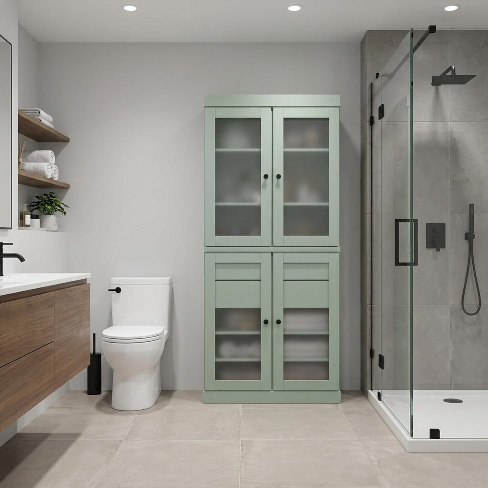 32" Sage Solid Wood Glass Panel Inlay Double Door Linen Cabinet — view 5