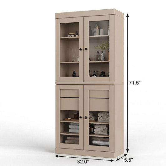 32" Beige Solid Wood Glass Panel Inlay Double Door Linen Cabinet