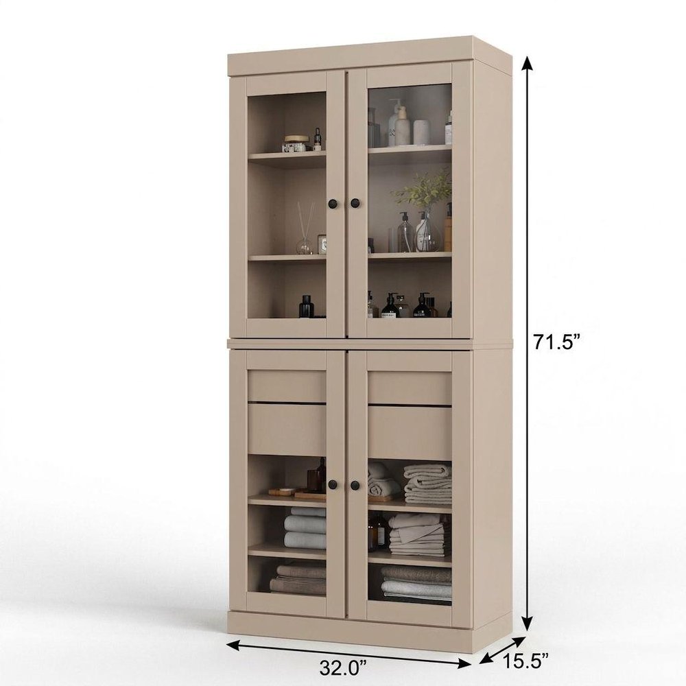 32" Beige Solid Wood Glass Panel Inlay Double Door Linen Cabinet — view 1