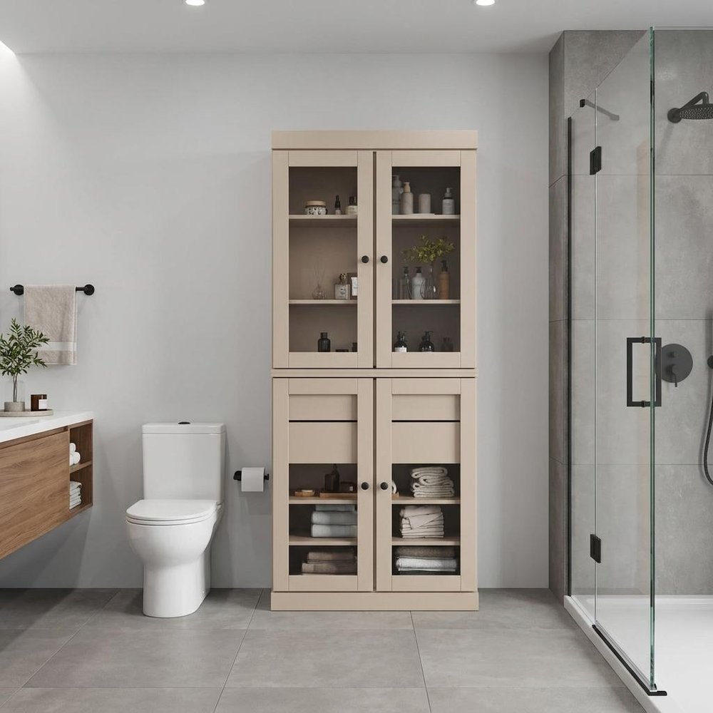32" Beige Solid Wood Glass Panel Inlay Double Door Linen Cabinet — view 2