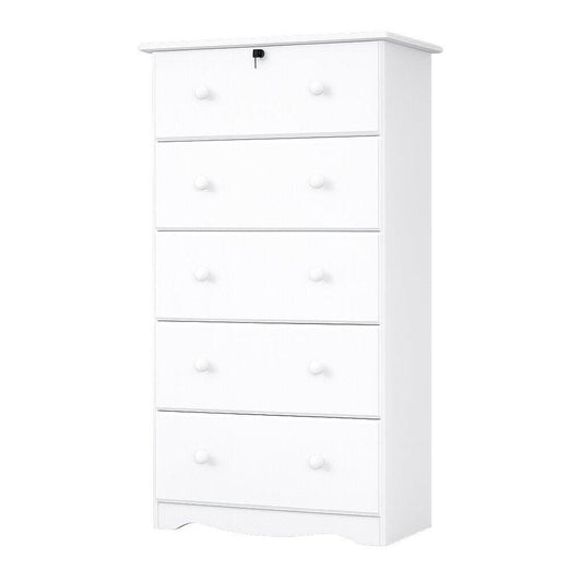 32" White Solid Wood Five Drawer Dresser