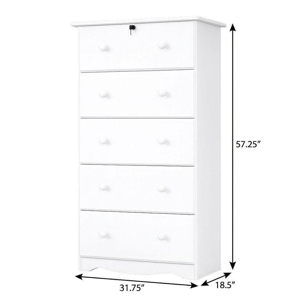32" White Solid Wood Five Drawer Dresser HomeRoots