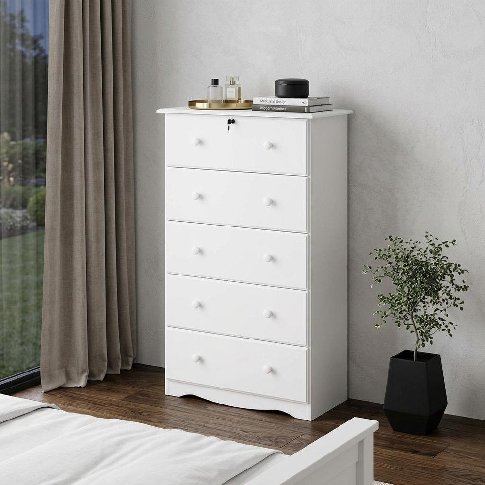 32" White Solid Wood Five Drawer Dresser HomeRoots