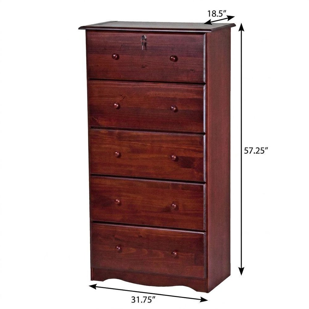 32" Mahogany Solid Wood Five Drawer Dresser — view 4