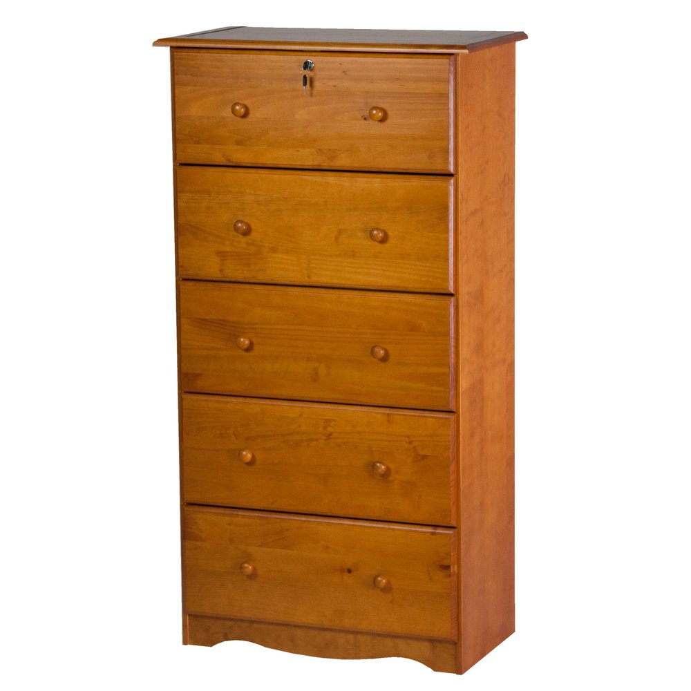 32" Golden Brown Solid Wood Five Drawer Dresser