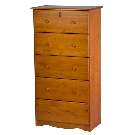 32" Golden Brown Solid Wood Five Drawer Dresser