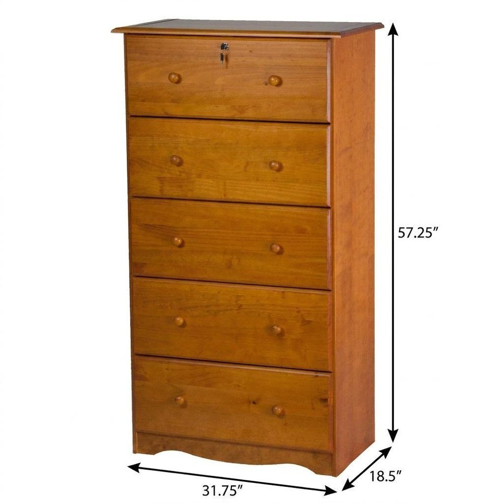 32" Golden Brown Solid Wood Five Drawer Dresser — view 4