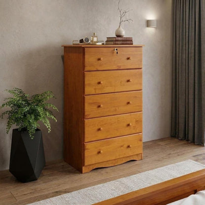 32" Golden Brown Solid Wood Five Drawer Dresser