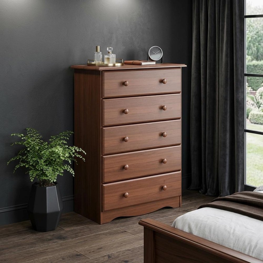 32" Coffee Solid Wood Five Drawer Dresser — view 3