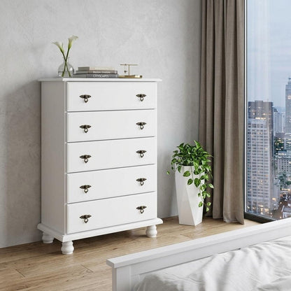 32" White Solid Wood Five Drawer Dresser HomeRoots