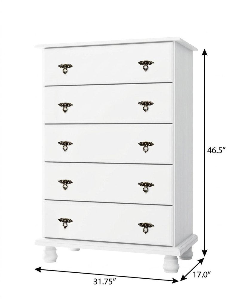 32" White Solid Wood Five Drawer Dresser HomeRoots