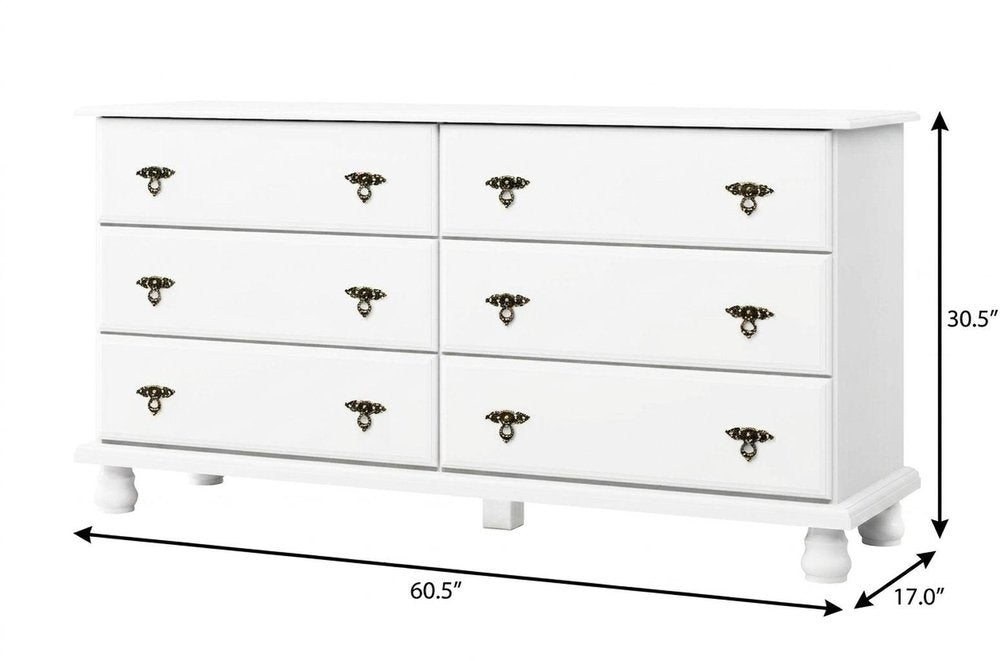61" White Solid Wood Six Drawer Double Dresser — view 3