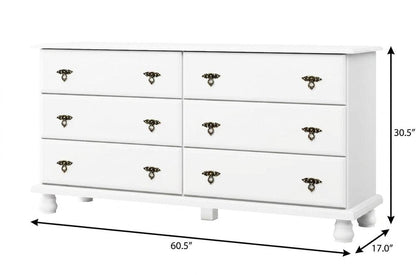 61" White Solid Wood Six Drawer Double Dresser