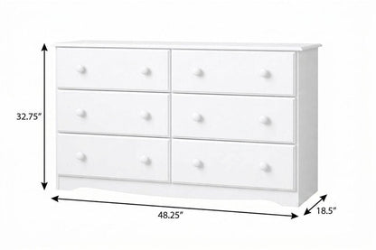 48" White Solid Wood Six Drawer Double Dresser