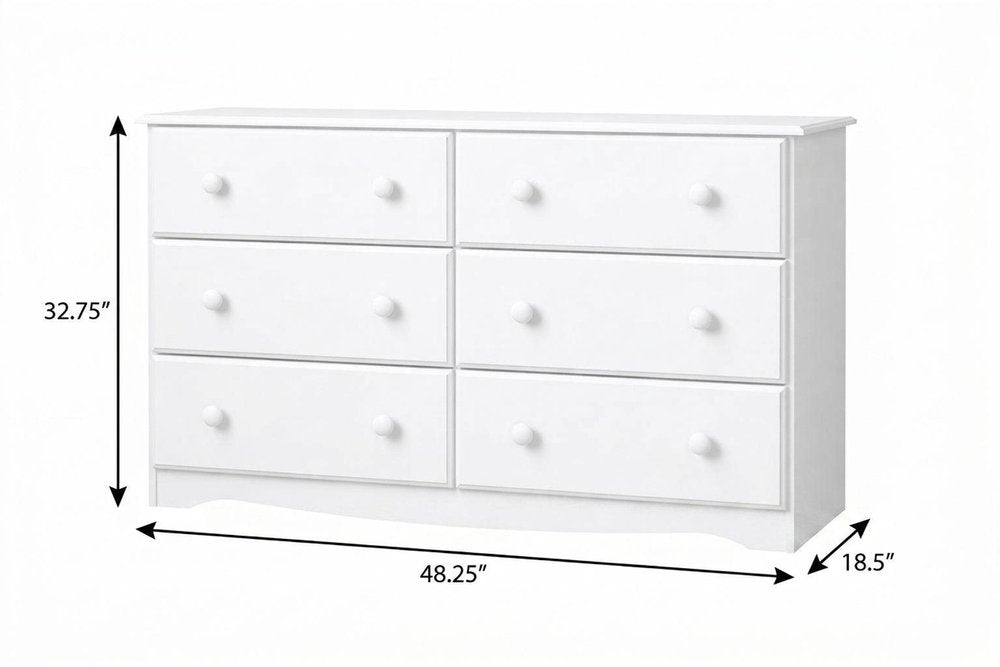 48" White Solid Wood Six Drawer Double Dresser — view 3