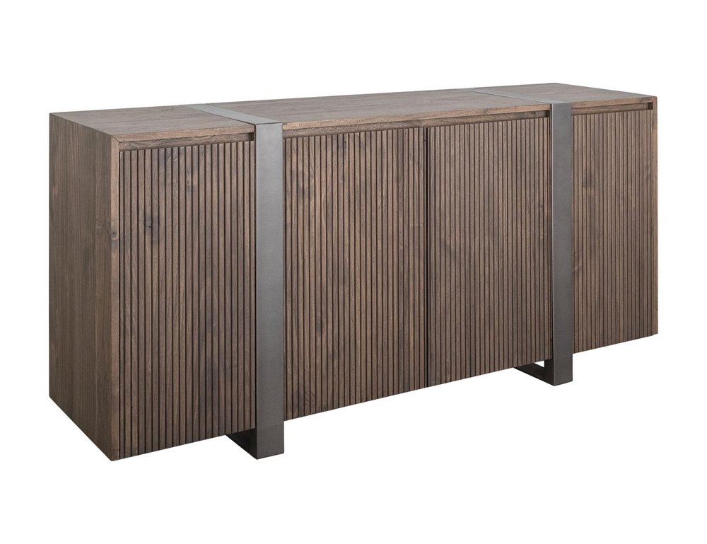69" Brown Distressed Wood And Steel Ribbed Texture Sideboard With Four Doors HomeRoots