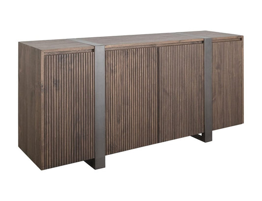 69" Brown Distressed Wood And Steel Ribbed Texture Sideboard With Four Doors