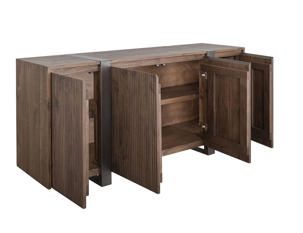 69" Brown Distressed Wood And Steel Ribbed Texture Sideboard With Four Doors HomeRoots