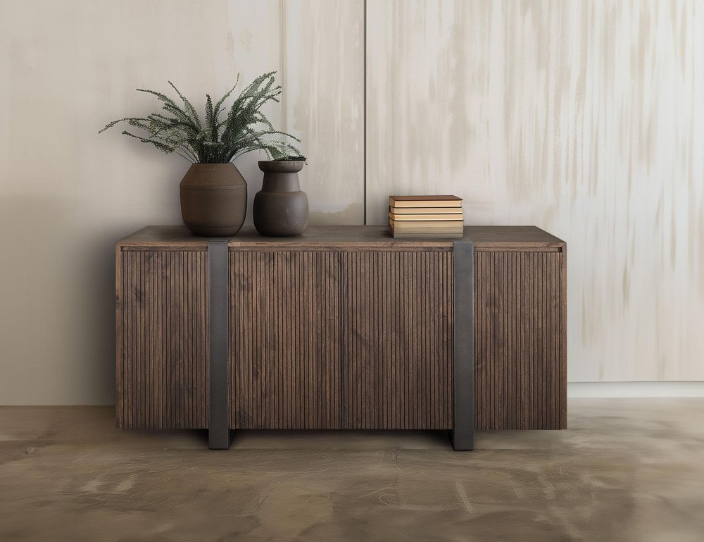 69" Brown Distressed Wood And Steel Ribbed Texture Sideboard With Four Doors — view 3