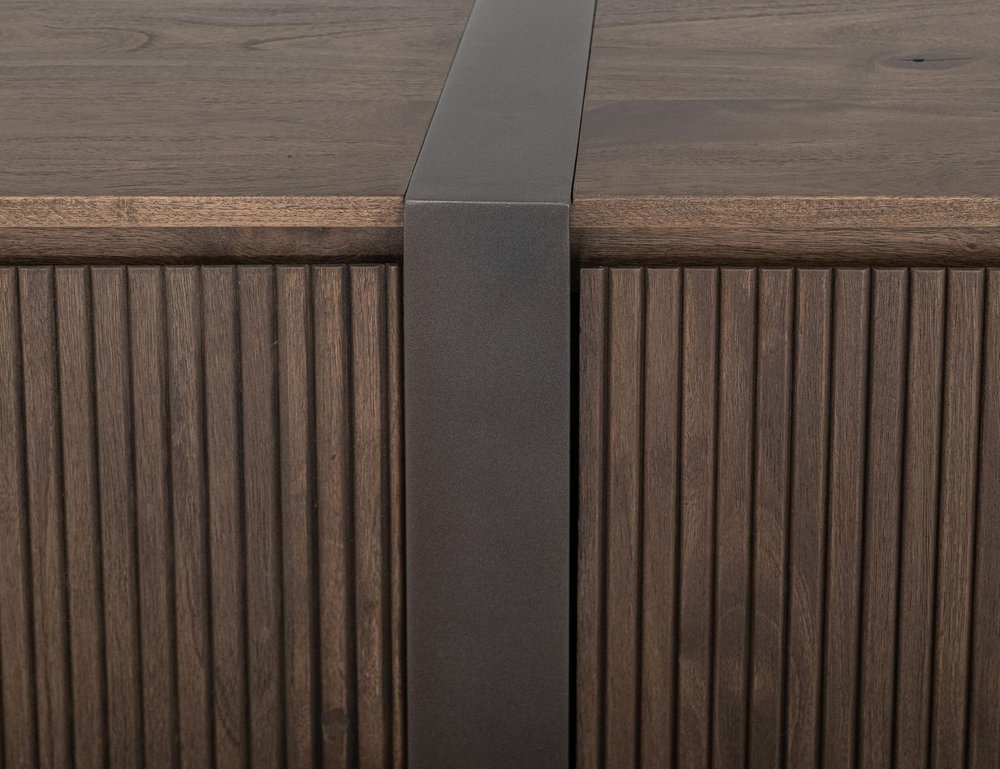 69" Brown Distressed Wood And Steel Ribbed Texture Sideboard With Four Doors HomeRoots
