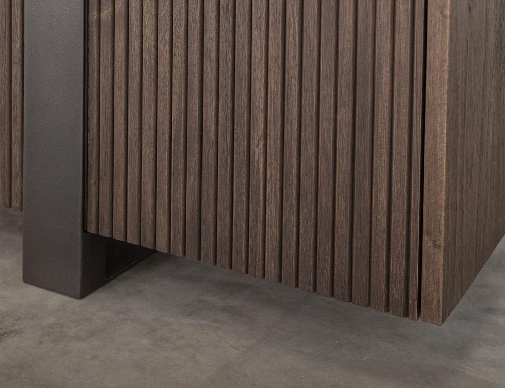 69" Brown Distressed Wood And Steel Ribbed Texture Sideboard With Four Doors HomeRoots