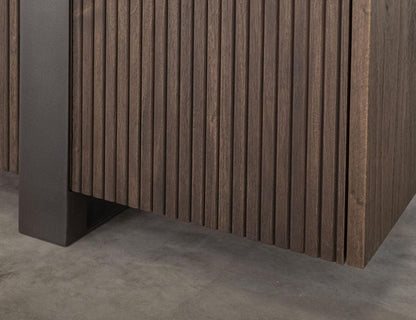 69" Brown Distressed Wood And Steel Ribbed Texture Sideboard With Four Doors HomeRoots