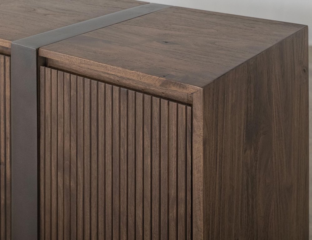 69" Brown Distressed Wood And Steel Ribbed Texture Sideboard With Four Doors — view 6