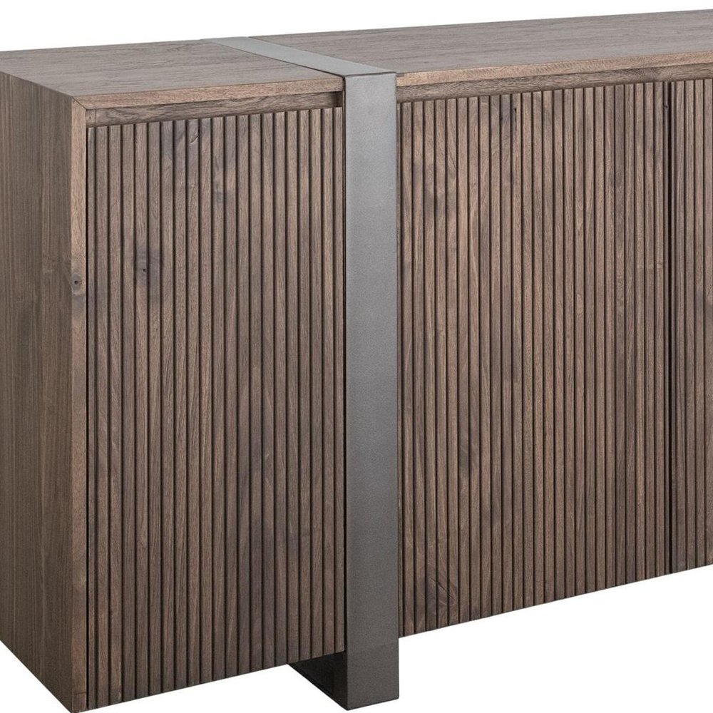 69" Brown Distressed Wood And Steel Ribbed Texture Sideboard With Four Doors HomeRoots